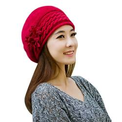 Petalum Damen Barette Baskenmütze Blumen Beanie Winter warm Strick Hüte Kopfbedeckung OneSize Rot von Petalum