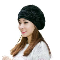 Petalum Damen Barette Baskenmütze Blumen Beanie Winter warm Strick Hüte Kopfbedeckung OneSize Schwarz von Petalum