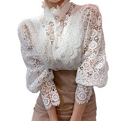 Petalum Damen Bluse elegant Langarm Ruffles Blumen Spitzebluse Stehkragen Stickerei Businesshemd von Petalum