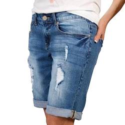 Petalum Damen Capri Jeans Stretch Jeanshose Kurze Sommer Capri Hose Mittlere Taille Jeans Denim Bermuda Shorts 36-38 Blau von Petalum