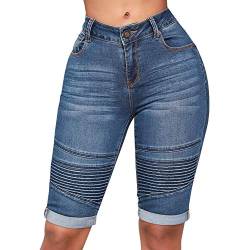 Petalum Damen Capri Jeans Stretch Jeanshose Kurze Sommer Capri Hose Mittlere Taille Jeans Denim Bermuda Shorts Dunkelblau 46-48 von Petalum