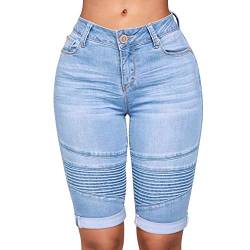 Petalum Damen Capri Jeans Stretch Jeanshose Kurze Sommer Capri Hose Mittlere Taille Jeans Denim Bermuda Shorts Hellblau EU 40-42 = Tag M von Petalum