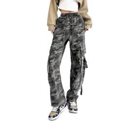 Petalum Damen Cargohose Camo Multi Tachen Casual Jogginghose High Waist Frauen Freizeithose Loose fit Cargo Pants Grau 34 von Petalum