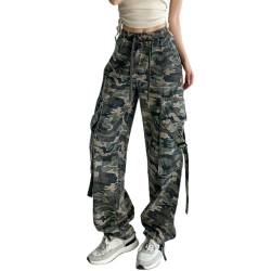 Petalum Damen Cargohose Camo Multi Tachen Casual Jogginghose High Waist Frauen Freizeithose Loose fit Cargo Pants Grün 44 von Petalum