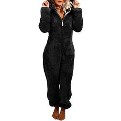 Petalum Damen Einteiler Fleece Pyjama einfarbig Jumpsuits mit Kapuze Langarm Overall für Winter Weihnachten von Petalum