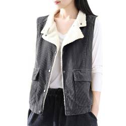 Petalum Damen Gefüttert Cordweste ärmellos Druckknöpfe Vest Herbst Winter Warm Damenweste Retro Vintage Weste Regular fit Oberteil mit Taschen von Petalum