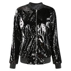 Petalum Damen Glitzer Pailletten Jacke Hiphop Langarm Bomberjacke Fliegenjacke Bikerjacke Outwear in Schwarz, Gold, Grün, Silber (Schwarz, EU 48-50 = Tag 3XL) von Petalum