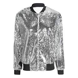 Petalum Damen Glitzer Pailletten Jacke Hiphop Langarm Bomberjacke Fliegenjacke Bikerjacke Outwear in Schwarz, Gold, Grün, Silber (Silber, EU 48-50 = Tag 3XL) von Petalum