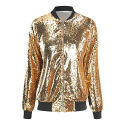 Petalum Damen Glitzer Pailletten Jacke Hiphop Langarm Bomberjacke Fliegenjacke Bikerjacke Outwear in Schwarz, Gold, Grün, Silber von Petalum