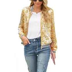 Petalum Damen Glitzer Pailletten Jacke Hiphop Langarm Bomberjacke Reißverschluss Fliegenjacke Bikerjacke Outwear L Gold von Petalum