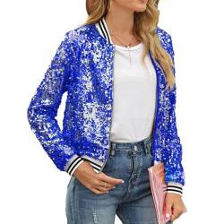 Petalum Damen Glitzer Pailletten Jacke Hiphop Langarm Bomberjacke Reißverschluss Fliegenjacke Bikerjacke Outwear M Blau von Petalum