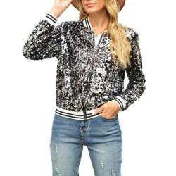 Petalum Damen Glitzer Pailletten Jacke Hiphop Langarm Bomberjacke Reißverschluss Fliegenjacke Bikerjacke Outwear M Schwarz von Petalum