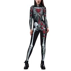 Petalum Damen Halloween Kostüm Overall Jumpsuit Langarm Skelett Bodysuit Fasching Karneval Cosplay Unheimlich Schädel Kleid von Petalum