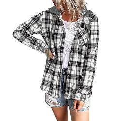 Petalum Damen Hemd kariert mit Kapuze Bluse Langarm Button Down Basic Boyfriend Holzfällerjacke Casual Dünne Blusenshirt von Petalum