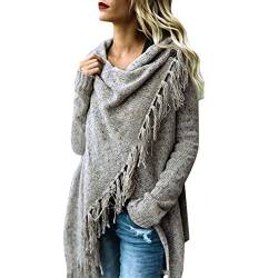 Petalum Damen Jacke Winter Herbst Warm Elegant Langarm Fransen Quasten Lässig Asymmetrisch Stricken Stola Schal Outdoor Knit Cape Trachtentuch Wraps von Petalum