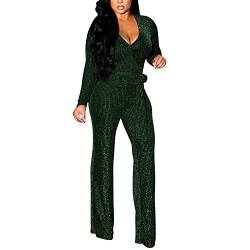 Petalum Damen Jumpsuit Elegant Langarm V Ausschnitt Lang Overall Hosenanzug Breites Bein Romper mit Gürtel Glitzer Party Abendmode von Petalum