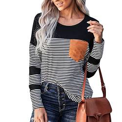 Petalum Damen Langarmshirt Rundhals Tops Casual Gestreift T Shirt Tunika Oberteile mit Brusttasche für Frühling Sommer Herbst von Petalum