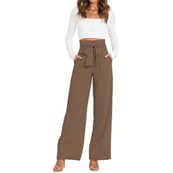 Petalum Damen Schlaghosen Elegant Anzughose Hohe Taile Weites Bein Palazzo Hose Lange Casual Hose Stoffhose mit Gürtel Khaki M von Petalum