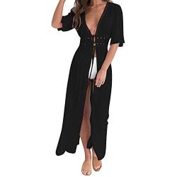 Petalum Damen Sommer Boho Kimono Lang Strand Cardigan Leichte Strickjacke Beachwear Bikini Cover Up Maxi Strandkleid EU 38 = Tag XL Schwarz von Petalum