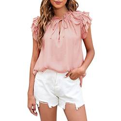 Petalum Damen Sommer T-Shirt locker V Ausschnitt Top mit Rüschenärmel Einfarbig Casual Basic Oberteile von Petalum
