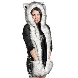 Petalum Damen Winter Warm Mütze Schal Handschuhe Set Kapuzen Handschuhe Warm Kapuzenschal Plüsch Tiere Bär Panda Wolf Paws Ohren Fellmütze Bunte Farben von Petalum