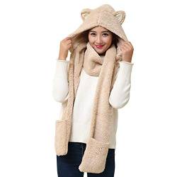 Petalum Damen Winter Warm Mütze Schal Handschuhe Set Kapuzen Handschuhe Warm Kapuzenschal Plüsch Tiere Bär Panda Wolf Paws Ohren Fellmütze von Petalum