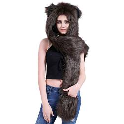 Petalum Damen Winter Warm Mütze Schal Handschuhe Set Kapuzen Handschuhe Warm Kapuzenschal Plüsch Tiere Bär Panda Wolf Paws Ohren Fellmütze von Petalum