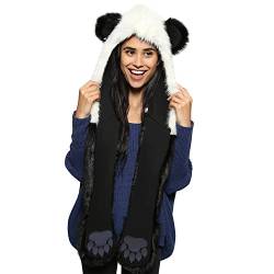 Petalum Damen Winter Warm Mütze Schal Handschuhe Set Kapuzen Handschuhe Warm Kapuzenschal Plüsch Tiere Bär Panda Wolf Paws Ohren Fellmütze von Petalum