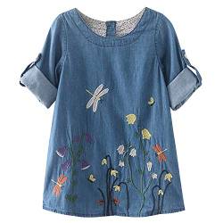 Petalum Mädchen Kleider Festlich Prinzessin Kurzarm Kinder Denim Kleid Rundhals Blumen Stickerei A-Linien Knielang Hinten Knopfverschluss 100 Denimblau von Petalum