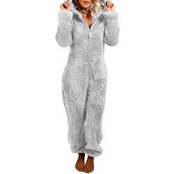 Petalum Overall Pyjama Damen Strampler Fleece Kapuze Nachtwäsche Erwachsene Kostüm Warm Loungewear Weich Onesie Pajama Women Sleepwear Jumpsuit Gr. 38, grau von Petalum