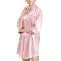 Petalum Satin Nachthemd Damen Nachtkleid Kurz 3/4 Ärmel Sexy Nachtwäsche Sleepwear Knöpfe V-Ausschnitt Sleepshirt mit Brusttasche L Rosa von Petalum