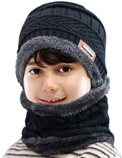 Petrunup Kinder Wintermütze Winterschal Beanie Kinder Strickmütze Beanie Mütze für Kinder mit Fleecefutter von Petrunup