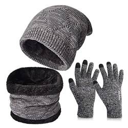 Petrunup Warme Strickmütze für den Winter, Touchscreen-Handschuhe, Schal, 3/2-teiliges Set mit doppellagigem Fleecefutter für Damen und Herren, D Grey 3-teiliges Set von Petrunup