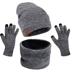 Petrunup Winter Mütze Schal Handschuhe Set Herren, 3Pcs Warm Beanie Snood und Handschuhe Touchscreen mit Thermovlies Futter, Grau von Petrunup