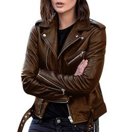 Biker Lederjacke Damen Kunstleder Kunstlederjacke Bikerjacke Pu Jacke Damen Leder Faux Leather Jacket for Women Lederjacken Kurze Pu Lederjacke Frauen Mantel Damen Biker Jacken für Damen Leder Braun L von Peuignao