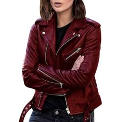 Biker Lederjacke Damen Kunstleder Kunstlederjacke Bikerjacke Pu Jacke Damen Leder Faux Leather Jacket for Women Lederjacken Kurze Pu Lederjacke Frauen Mantel Damen Biker Jacken für Damen Leder Rot S von Peuignao