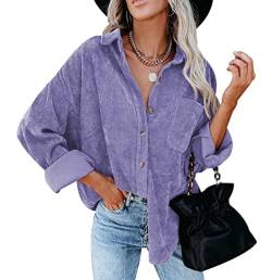 Cord Hemd Damen Oversize Hemd Übergröße Damen Langarm Elegant Oversized Cord-Hemd Damen Hemd Women Vintage Hemd Bluse Frauen Frühling Casual Lässiges Blusen Hemd Kord Locker Lässig Damen Violett M von Peuignao