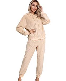 Fleece Schlafanzug Damen Flies Hausanzug Damen Hoodie Jumpsuit Flauschiger Kapuze Pyjama Set Frauen Winter Loungewear Freizeitanzug Homewear Schlafanzüge Damen Freizeitanzüge Plüsch Pyjamas Aprikose S von Peuignao