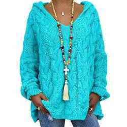 Grobstrickpullover Damen Grober Strickpullover Damen Oversize Stricken Pullover Strick Damen Zopfstrick Zopfmuster Strickpulli Damen Hoody Pullover Hoodie Damen Pullis Frauen Kapuzenpullover Blau L von Peuignao