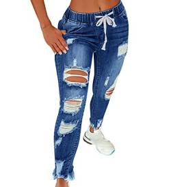 High Waist Ripped Jeans Damen Jeanshosen Damen Löcher Skinny Jeans Hose Damen Zerrissene Denim Jeans Relaxed Damen Stretch Slim Fit Gerissene Kaputte Hose Jeans Leggings Frauen Große Größe Blau L von Peuignao