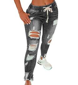 High Waist Ripped Jeans Damen Jeanshosen Damen Löcher Skinny Jeans Hose Damen Zerrissene Denim Jeans Relaxed Damen Stretch Slim Fit Gerissene Kaputte Hose Jeans Leggings Frauen Große Größe Grau L von Peuignao