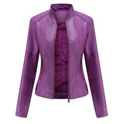 Kunstlederjacke Damen Bikerjacke Biker Faux Lederjacke Damen Kunstleder Pu Jacke Damen Leder Faux Leather Jacket for Women Pu Lederjacke Stehkragen Frauen Leder Imitation Jacke Damen Violett XL von Peuignao