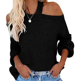 Off Shoulder Pullover Damen Strick Strickpullover Damen Oversize Zopfmuster Zopfstrick Schulterfreier Pullover Frauen Pulli Schulterfrei Strickpulli Rippstrick Gestrickter Pullover Damen Schwarz M von Peuignao