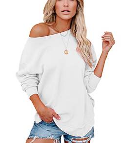 Sweatshirt Damen Overzised Off Shoulder Pullover Damen Pulli Schulterfrei Oversize Pullover Frauen Basic Lässiger Kuschel Sweat Pullis Süße Crewneck Sweatshirts für Damen Langarm Lockerer Weiß M von Peuignao