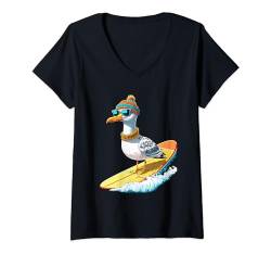 Damen Möwe Surfen Surfer Meer Urlaub Cool T-Shirt mit V-Ausschnitt von Pfotenschatz