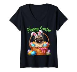 Damen Mops Ostern Osterhase Hund niedlich Hunde Mama Wau lustig T-Shirt mit V-Ausschnitt von Pfotenschatz