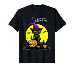 Süße Katze mit Hexenhut feiert Happy Halloween T-Shirt von Pfotenschatz