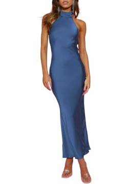 Phicia Sexy Satin-Neckholder-Maxikleid für Damen, rückenfrei, elegantes Kleid mit Wasserfallrücken, formelles Hochzeitskleid für den Sommer, Blau, X-Klein von Phicia