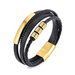 Philip Jones Doppelt geflochtenes Armband aus echtem schwarzem Leder aus vergoldetem Stahl für Herren von Philip Jones