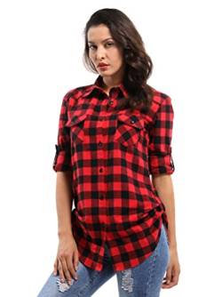 Phorecys Kariertes Damenhemd, Karierte Bluse, aufrollbare Ärmel, Button-Down-Flanellhemd, Größe 34-50 Gr. 46-48, D056 Schwarz Rot von Phorecys